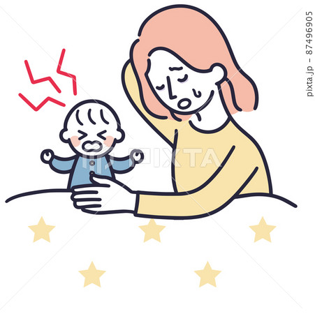 ぐずる赤ちゃんをあやす母親　シンプル　イラスト 87496905
