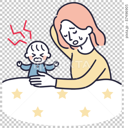 ぐずる赤ちゃんをあやす母親　シンプル　イラスト 87496905