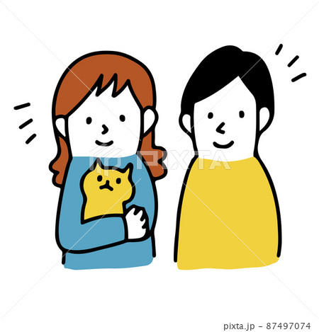 猫を飼っているハッピーな家族　猫をかわいがる笑顔の家族のイラスト 87497074