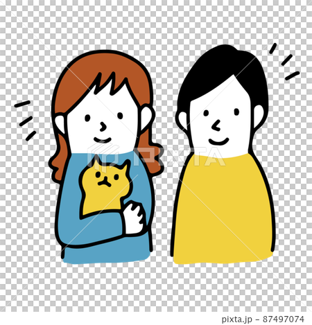 猫を飼っているハッピーな家族　猫をかわいがる笑顔の家族のイラスト 87497074