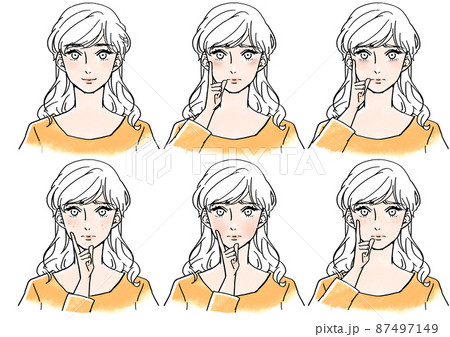 毛穴やニキビ シミそばかす 肝斑などの肌あれで苦しむ女性 指差しのイラスト素材