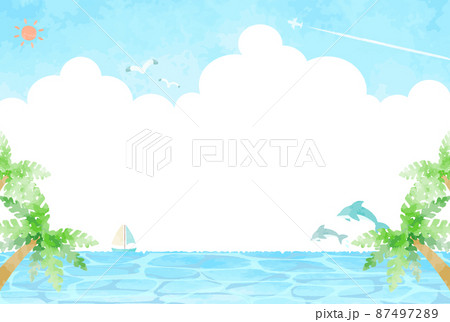 爽やかな夏の海とイルカの風景イラストのイラスト素材