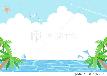 シンプルな手描きの海とイルカの風景イラスト 87497293