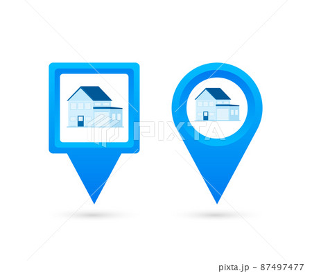 Map pointer with House. Pin Point Home. Vector stock illustration. 87497477