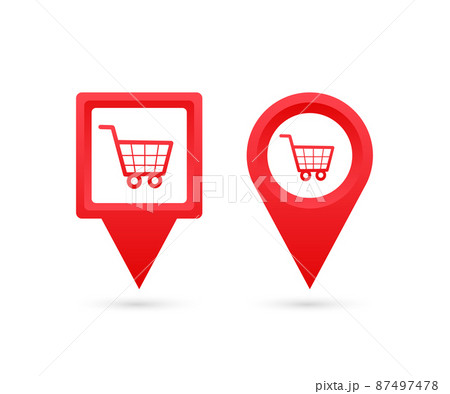 Map pointer with store. Pin Point Shop. Vector stock illustration. 87497478