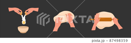Kneading dough hands. Woman mixing ingredients in bowl and rolls homemade dough with rolling pin. Top view. Stay home and cook healthy food by recipe. Vector illustration in flat cartoon style 87498359