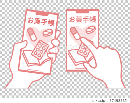 電子お薬手帳　お薬手帳　スマホアプリでお薬手帳を表示・確認・タップしているイラスト　セット　ピンク 87498885