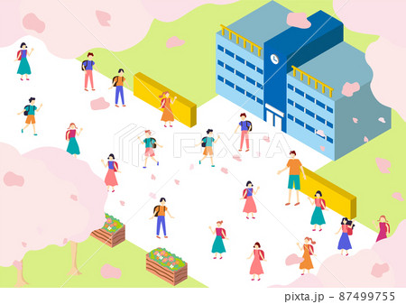 アイソメトリック 桜と登下校の風景 アイソメトリック 桜と登下校の風景 87499755