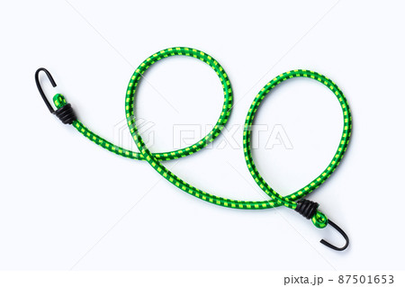 Braided elastic strap with hooks on white background. 87501653