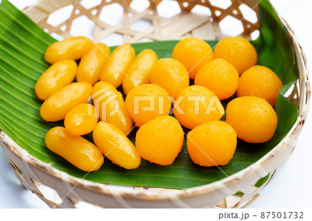 Traditional Thai desserts. "Med Kanoon" with "Thong Yod" Traditional Thai desserts. "Med Kanoon" with "Thong Yod" 87501732