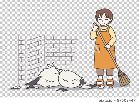 Woman in an apron cleaning the messed up garbage dump B [color / with walls] 87502447
