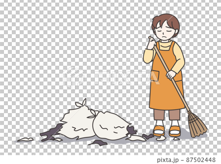 Woman in an apron cleaning the messed up garbage dump B [Color / No wall] 87502448