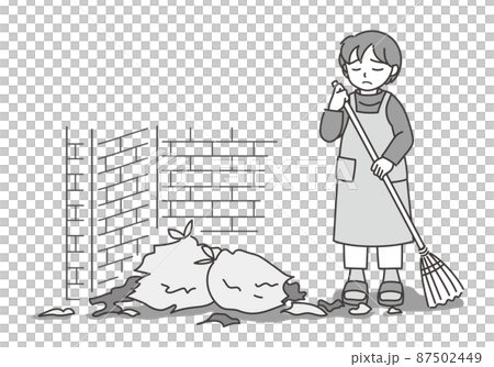 Woman in an apron cleaning the messed up garbage dump B [single color / with walls] 87502449