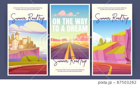 Summer road trip cartoon posters, tour agency ads 87503262