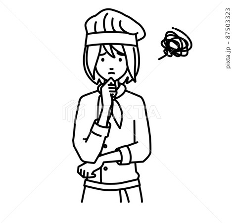 立って手をあごにあてて困っている調理師の女性 87503323