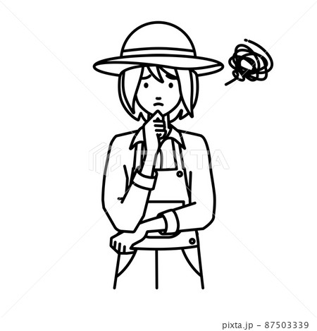 立って手をあごにあてて困っている農家の女性 87503339