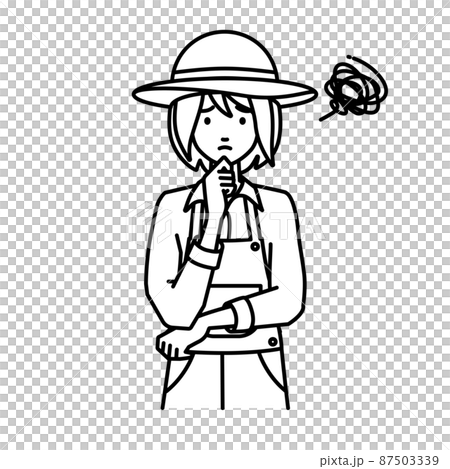 立って手をあごにあてて困っている農家の女性 87503339