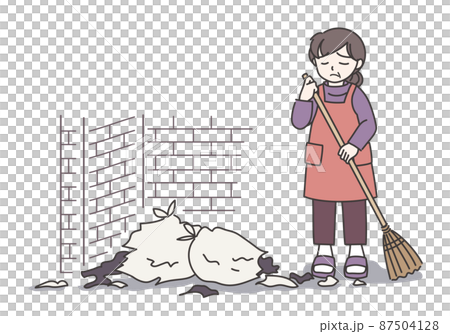一個穿著圍裙的女人正在清理一個凌亂的垃圾場 C [顏色/帶牆壁] 87504128