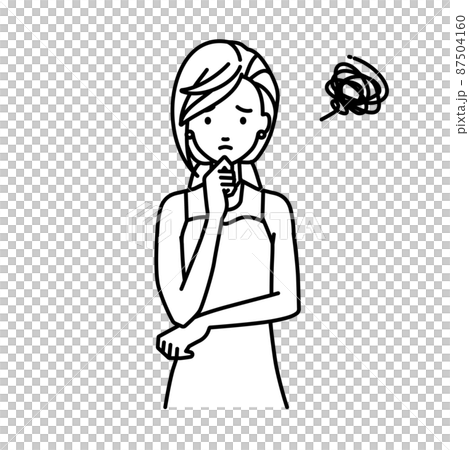 A woman in a dress who is in trouble standing and putting her hand on her chin 87504160