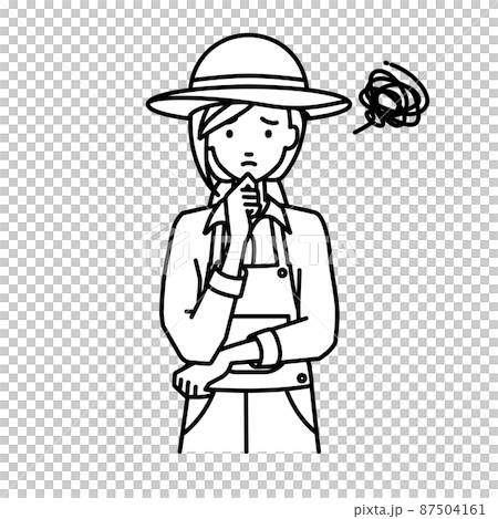 立って手をあごにあてて困っている農家の女性 87504161