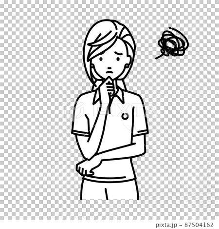 A woman in a polo shirt standing and putting her hand on her chin 87504162