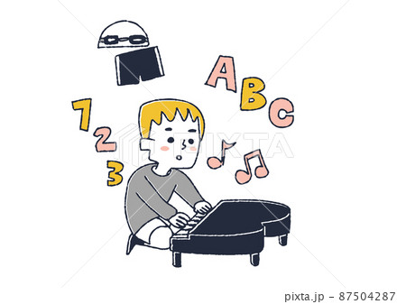 英才教育を受けている男の子 コミカルな手書きの人物 ベクター 線画にシンプルな色つけ のイラスト素材