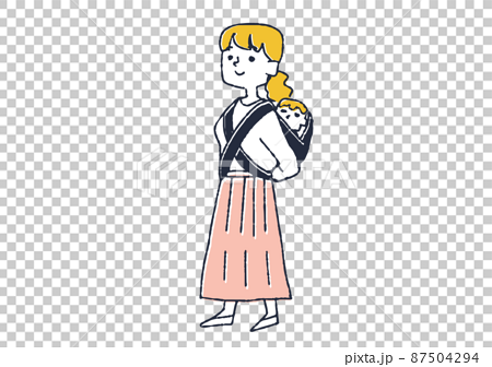 A woman wearing a piggyback strap on her child, a comical handwritten person, a vector, and simple coloring of line drawings. 87504294