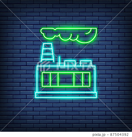 Vector industrial building factory, power plant neon sign. 87504392
