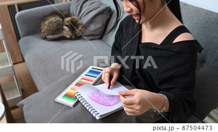 Teenage asian girl drawing picture, doing homework on sofa at home. Teenage asian girl drawing picture, doing homework on sofa at home. 87504473