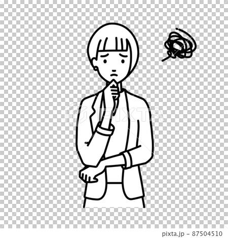 立って手をあごにあてて困っているジャケットの女性 87504510