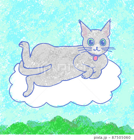 青い空と山を背景にした 雲に乗って面白いポーズをとっているグレーのネコのイラストのイラスト素材