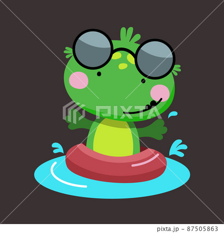 Cute frog with glasses swims in a lifebuoy in the pool. Isolated vector  87505863