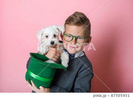 Funny little boy with green hat with little white dog on St. Patrick's Day celebration party. Kid in green glasses embrace animal pet. Happy funny school boy Funny little boy with green hat with little white dog on St. Patrick's Day celebration party. Kid in green glasses embrace animal pet. Happy funny school boy 87505931