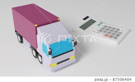 平面上に置かれたトラックのおもちゃと電卓のcgによるフォトリアルなイラストのイラスト素材