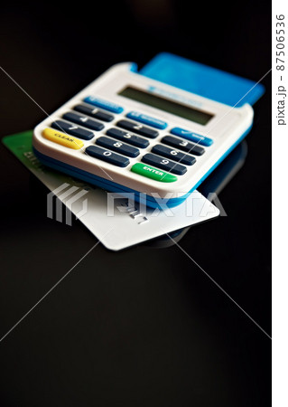 Calculating your credit. A credit card underneath a calculator. 87506536