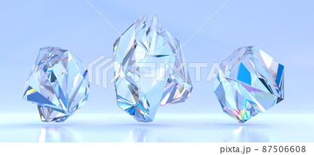 Crystal gems, transparent jewel mineral stone isolated on blue background. Iridescent precious gemstones, diamond, sapphire or quartz with refraction light in glass. Realistic 3d render set 87506608