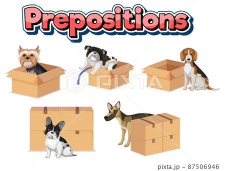 Prepostion wordcard design with dog and boxes Prepostion wordcard design with dog and boxes 87506946