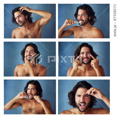Getting through his grooming routine. Composite shot of a handsome young man grooming himself against a blue background. 87508271