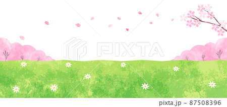 手描き水彩 桜と野原の背景イラストのイラスト素材