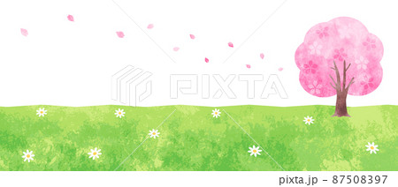 手描き水彩 桜の木と野原の背景イラストのイラスト素材
