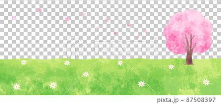 手描き水彩 桜の木と野原の背景イラストのイラスト素材