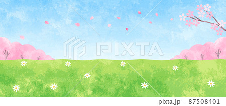 手描き水彩 桜と野原と空の背景イラストのイラスト素材