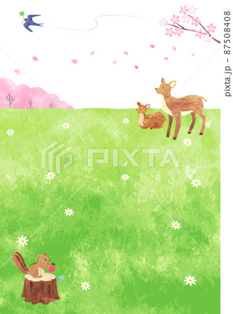 手描き水彩 春の野原にいる可愛い動物たちの背景イラスト 縦長 01のイラスト素材