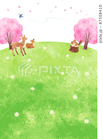 手描き水彩 春の野原にいる可愛い動物たちの背景イラスト 縦長 02のイラスト素材