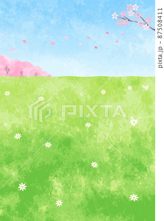 手描き水彩 桜と野原と空の背景イラスト 縦長 のイラスト素材
