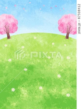 手描き水彩 桜の木と野原と空の背景イラスト 縦長 のイラスト素材