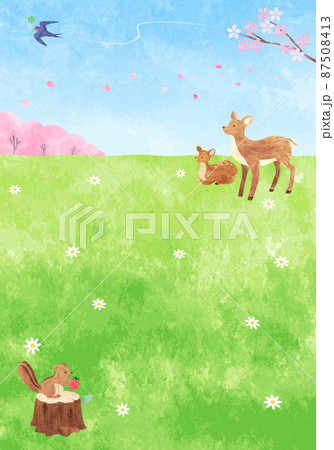 手描き水彩　春の野原にいる可愛い動物たちの背景イラスト（縦長）　03 87508413