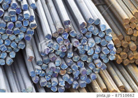 Reinforcing bars with a periodic profile in the packs are stored in the metal products warehouse Reinforcing bars with a periodic profile in the packs are stored in the metal products warehouse 87510662
