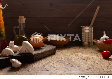 Pizza ingredient for homemade cooking or baking at table. Flour on wooden tabletop background 87511491
