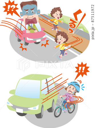 交通安全＜人身事故・子供は予期せぬ行動をとる・猛スピードで歩行者や自転車の横をすり抜け＞ 87511972
